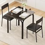 J-yaamiZz Dining Table Set with Black Glass Table and 2 PU Cushion Top Chairs, 3-Piece Dinette Sets for Small Spaces Kitchen, Home Furniture Rectangular Modern (Dining Table Set for 2)