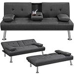 Yaheetech Modern Fabric Sofa Bed Convertible Futon with 2 Cup Holders Recliner Sleeper for Living Room/Spare Room/Guest Room, Dark Gray