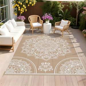 Pauwer Waterproof Outdoor Rug 6x9, Reversible Plastic Straw Patio Camping Rug, Indoor Outdoor RV Mat Carpet for Deck, Camper, Porch, Balcony, Backyard, Picnic, Floral Brown
