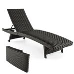 Multigot Folding Rattan Sun Lounger, 5-Position Adjustable Garden Chaise Lounge Chair with Rear Wheels, Portable Deck Chair Outdoor Wicker Sun Bed for Poolside Backyard