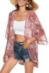 ADOREJOY Women's Tops Summer Kimono Cardigan Floral Print Puff Sleeve Swimsuit Cover Up Casual Loose Fit Blouse (Pink Floral,L)