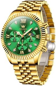OLEVS Gold Watch for Men Green Face Mens Watches Stainless Steel Luxury Watch for Men Chronograph Waterproof Watches for Men Analog Quartz Moonphase Mens Watch Fashion Big Face Man Watch Montre Homme