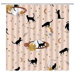 ABONAN Retro 70s Shower Curtain Black Cat Kitten Vintage Boho Flower Modern Abstract Mystic Galaxy Star Hippie Fabric Bathroom Curtains Decor Set with Hook(74.8" Wx70 H)