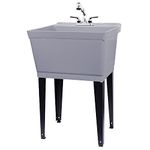 Grey Utility Sink Laundry Tub With Pull Out Chrome Faucet, Sprayer Spout, Heavy Duty Slop Sinks For Washing Room, Basement, Garage or Shop, Large Free Standing Wash Station Tubs and Drainage