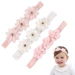 3Pcs Baby Girl Headbands Flowers, Lace Flower Pearls Baby Headband, Baby Girl Headbands, Super Soft & Stretchy Nylon Floral Hairbands, Flower Hair Accessories Baby Girl Gift, for Newborn Toddler