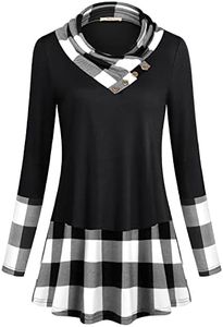 Miusey Tops to Hide Belly for Women, Cowl Neck Tunic Sweatshirts Long Sleeve Tops Fall Tunics to wear with Leggings Black White Plaid Small