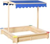 Outsunny Kids Wooden Sand Pit Children Square Sandbox Outdoor Playset Play Station Adjustable Canopy Bench Seat 120x120x120cm
