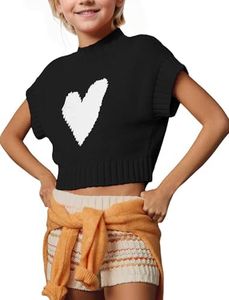 JiAmy Crop Tops for Girls Short Sleeve Knit Tank Top Crewneck Cute Heart Pullover Sweater Fashion Casual Shirts