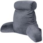 Reading Pillow Bed Backrest Pillow for Bed, 18" Adult Bed Cushions with Arms for Sitting up in Bed Back Support Pillow with Headrest & Pockets, Removable Washable Cover and Detachable Neck Roll, Grey