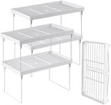 NiHome 4-Pack Stackable Plastic Kitchen Storage Shelf Foldable Rack - White Kitchen Cabinet Organizer and Storage Shelves Stackable Expandable Storage Racks for Counter Cabinet Pantry