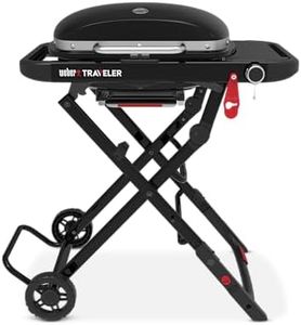 Weber Traveler Compact Gasgrill mit klappbarem Untergestell und Rädern/Tragbarer Grill, Porzellanemaillierte Gusseisen-Grillroste, Deckelthermometer, 3,81 kW Brenner, 2065 cm² Grillfläche, Schwarz