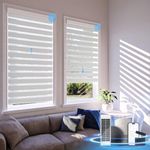 DONGFXK Motorized Zebra Blinds with Remote Control,Solar Powered Rechargeable Dual Layer Smart Blinds,Horizontal Wireless Electric Cordless Blinds,Custom Size,White,34" W x 72" H