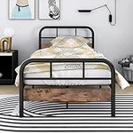 Diahomy 3ft Single Bed Frame with Wooden Headboard, Metal Single Bed with Storage/No Box Spring Needed/Reinforced Steel Slat Mattress Foundation/Black+ Retro Brown