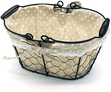 CVHOMEDECO. Oval Chicken Wire Fruit Basket Rustic Bread Basket with Swimming Handle and Fabric Liner. Matt Black, 9-3/4 X 7-1/4 X 4-1/4 Inch