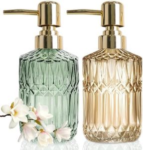 JINYOMFLY Distributeur Savon en Verre, Vert Or Rose Distributeur Savon Verre Lot de 2, Flacon Pompe en Verre 390 ML, Distributeur Savon Liquide Vintage pour Salle de Bain