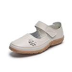 PICKLION Womens Leather Mary Janes Soft Touch Fastening Loafers Shoes Nursing Shoes Beige 8