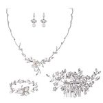 EVER FAITH Wedding Jewelry Set for Bride, Sparkly CZ Simulated Pearl Crystal Flower Leaf Filigree Bridal Necklace Earrings Bracelet Hair Comb Set for Woman