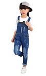 KIDSCOOL SPACE Girls Classic Big Bib Ripped Holes Jeans Overalls Pants,Blue,10-11 Years