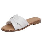 DREAM PAIRS Women' s DSS211 Cute Slip On Studded Flat Open Toe Summer Leather Slides Sandals White Size 8.5