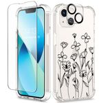 GVIEWIN Designed for iPhone 13 Case 6.1 Inch, with Tempered Glass Screen Protector + Camera Lens Protector Clear Flower Soft & Flexible Slim Shockproof Floral Women Phone Cover (Sketch/Black)