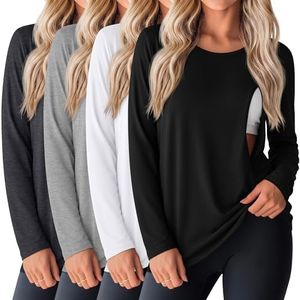 4 Pack Women's Cotton Nursing Tops, Breastfeeding Maternity with Hidden Zippers Crew Neck Long Sleeve Pregnancy Shirts(Black, White, Light Gray, Dark Gray,Large)
