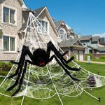 AMLOOPH Large Halloween Decorations Outdoor Spider Web Scary Props -79’’ Black Spiders, 275’’ Triangular White Giant Spider Web, Stretch Cobwebs, Plastic Fake Spiders For Halloween House Decorations