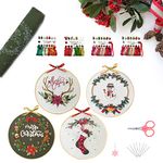 Christmas Embroidery Starter Kit for Beginners, 4 Sets Cross Stitch Kits with Pattern & Instructions for Adults, Include 4 Embroidery Cloth, 4 Plastic Embroidery Hoops, Color Threads, Tools