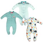 VParents Aqua Full Length Printed Baby Footies Sleepsuit Romper Pack of 3 - New Born (6-9 Months, Green)