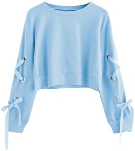 SweatyRocks Women's Casual Lace Up Long Sleeve Pullover Crop Top Sweatshirt Light Blue X-Large