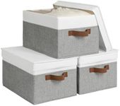 StorageWorks Storage Bins with Lids, Foldable Closet Storage Bins, Decorative Storage Boxes with PU Sewn Handles, Grey and White, Large, 3-Pack