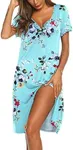 Ekouaer Women's Nightshirt Short Sleeve Button Down Nightgown V-Neck Sleepwear Pajama Dress