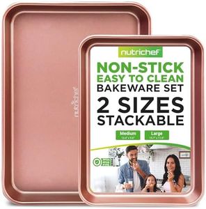 NutriChef 2-Piece Nonstick Cookie Sheets for Baking - Premium Medium & Large Size Baking Sheet Set - Thick Carbon Steel Bakeware Trays - Dishwasher Safe, Rose Gold