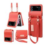 XIMAND for Flip Case with Leather Wallet,Wristlet Strap Zipper Wallet Hinge Part Protected for Samsung Galaxy Z Flip 4 5G,Fashion Handbag Gift for Women Ladys(Orange)