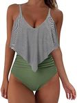 SUUKSESS Women Slimming Ruffle One Piece Swimsuits Ruched Tummy Control Bathing Suits (Striped Army Green, XL)