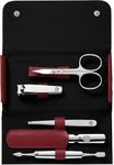 ZWILLING Manicure Set (5 piece, travel-size pedicure set, with nail clipper, genuine leather case), Polished Stainless Steel, Red