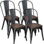 H JINHUI Set of 4 Dining Chairs, Metal Stacking Kitchen Chairs with Backrest and Elm Wood Seat, Industrial Bistro Chairs for Restaurant Dining Room Patio (Black, Elm Wood Seat)