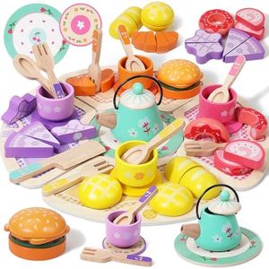 JAUNTY Tea Party Set Toy for Girl 3 4 5 Years Old, Wooden Pretend Play Kitchen Toy Food for 3 Year Old Little Girls , Great Educational 1st Birthday for 3-5 Toddler Girls Boys