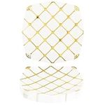 MATANA 20 Square White Plastic Dinner Plates with Gold Pattern, 25cm - Elegant, Sturdy & Reusable - Weddings, Birthdays, Christmas, Parties