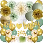 Sage Green and Gold Baby Shower Decorations Oh Baby Banner Sage Green Gold Paper Lantern Tissue Pom Poms Latex Balloons for Boy Girl Gender Reveal Boho Greency Party Supplies