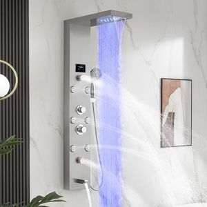 DELAVIN LED Shower Panel Stainless Steel Shower Tower with Temperature Display, 5-Function Shower Panel Tower System with Rainfall Waterfall Massage Body Jets Tub Spout Handheld Shower, Brushed Nickel