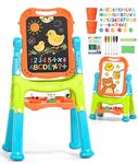 Lehoo Castle Kid Easel, 4 in 1 Double Sided Art Easel with Magnetic White Board & Chalk Board, Adjustable Standing Toddler Easel with Painting & Writing Accessories - Gift for Boys and Girls