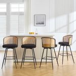 Bekrvio Swivel Bar Stools Set of 4, 29" Mid-Century Modern Boucle Fabric Barstools with Rattan Back and Metal Legs, Upholstered Bar Height Stools for Kitchen Island, Black