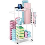 LIANTRAL Dumbbell Rack, Yoga Mat Storage Rack, Workout Equipment Storage Rack for Dumbbells Kettlebells Yoga Mat and Balls, Home Gym Storage Organizer with Hooks and Wheels(White)