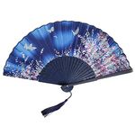 Handheld Folding Fan for Women Folding Hand Fans Bamboo Fans with Tassel Silk Fabric Fans Wall Decoration Wedding Party (Light Blue)