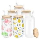 6 Pack Sublimation Glass Cans Sublimation Beer Glass Cups with Bamboo Lids Borosilicate Glasses Tumbler Mason Jar Cups Mug with Glass Straw for Beer, Juice, Soda, Iced Coffee, Drinks 18oz (Frosted)