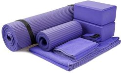 BalanceFrom GoYoga 7-Piece Set - Include Yoga Mat with Carrying Strap, 2 Yoga Blocks, Hand Towel and Knee Pad (Purple, 1/2"-Thick Mat)