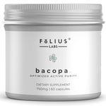 FOLIUS LABS Bacopa Monnieri Capsules 750mg – Organic Herbal Supplement with 40% Bacosides Bacopa Monnieri - 60 Capsules