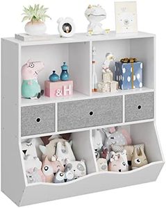 IDEALHOUSE Kids Bookshelf and Toy Storage Organizer with 3 Movable Drawers, Floor Storage Cabinet Toy Chest with 4 Cubbies, Multifunctional Storage Chest for Nursery, Playroom and Bedroom, White