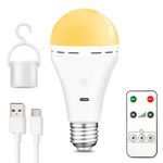 BOBOPAI USB C Rechargeable Light Bulb with Remote Control, 7W Battery Powered Light Bulbs E27 Touch Control Dimmable LED Bulb, Outdoor Camping Emergency Light Bulb with Hook,Warm White Light 1 Pack