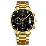 Gold Stainless Steel Men's Wrist Watches Analog Quartz Black Military Chronograph Mutifunctional Crystal Wristwatch for Man with Date Calendar